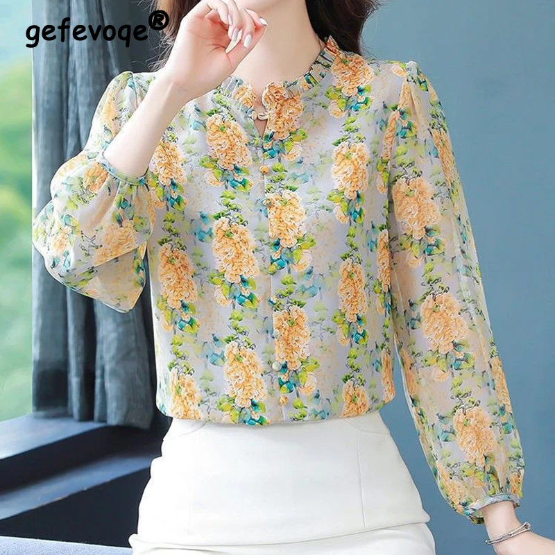 Women Ruffle Floral Print Elegant Blouses Spring Autumn Vintage Long Sleeve Shirts Chic Loose Chiffon Tops Blusa Mujer Moda 2023