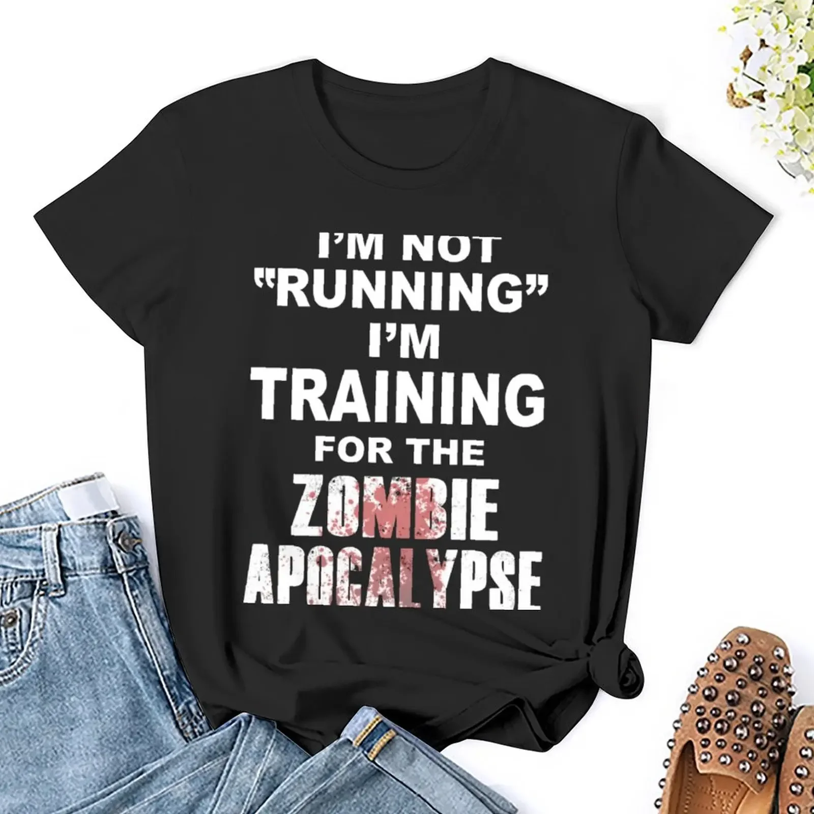 Ik loop niet, ik train voor de Zombie Apocalypse T-shirt hippiekleding sneldrogende zwarte t-shirts voor dames