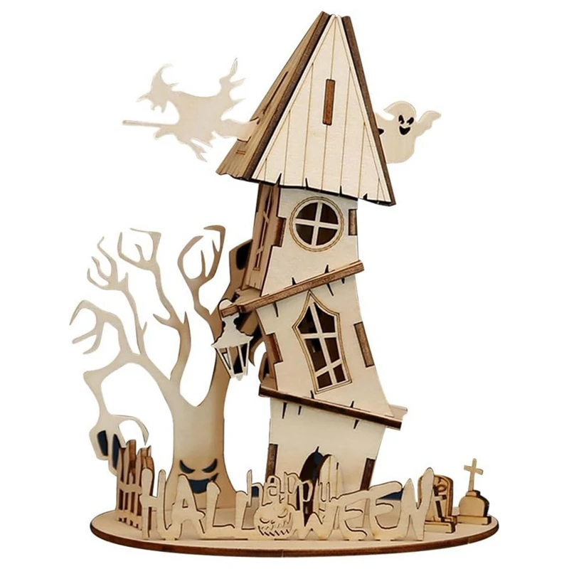 3D Wooden Halloween Haunted House Puzzle, Creatives Wooden Haunted House Puzzle, Assembly Model For Adults And Children