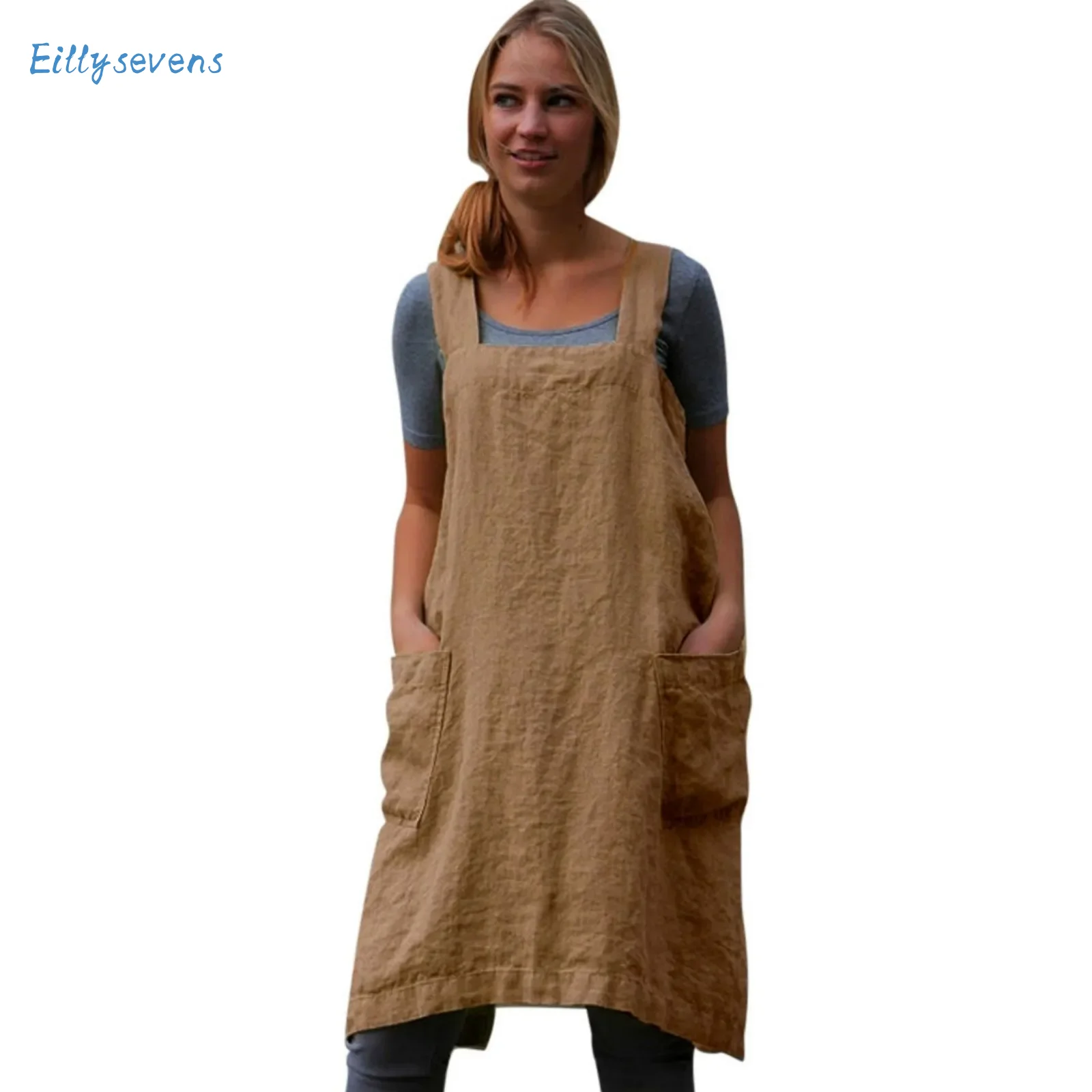 New Large Size Long Tops Women'S Cotton And Linen Loungewear Loose Suspender Apron Tops With Pockets Simple Solid Backless Tops