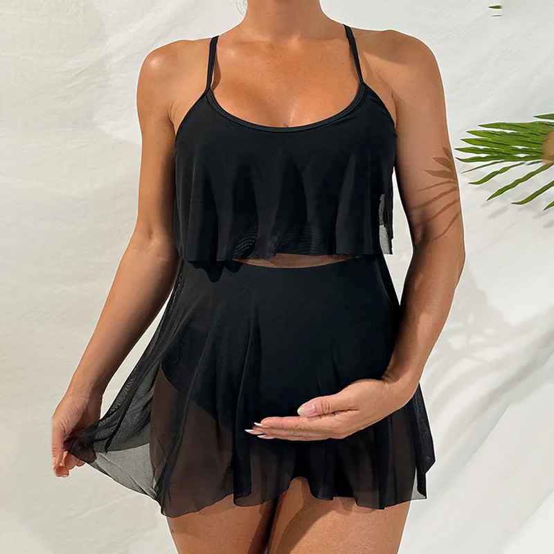 

2024Summer New Solid Color Loose Belly-Covering Maternity Clothes Split Swimsuit Women's Sling One-Piece Bikini