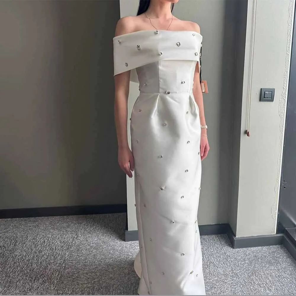 Traditional Wedding Dresses Satin Sheath/Column Engagement Dress White Off-the-shoulder RhinestonesWomen's Wedding Dress Long