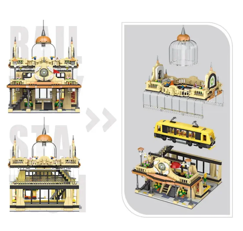 เดิมกล่อง 89136 การก่อสร้างยุโรปสไตล์รถไฟ Station Building Blocks อิฐประกอบของเล่นเด็กคริสต์มาสของขวัญ