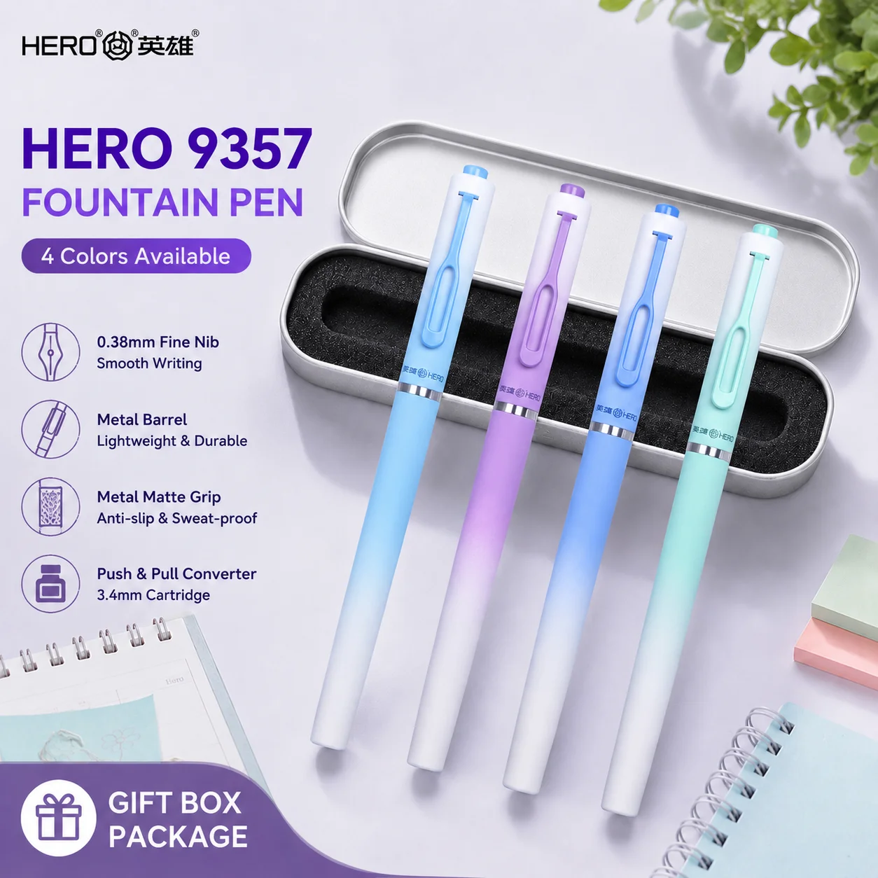 HERO 9357 Erasable Fountain Pen Ergonomic Posture Correction EF 0.38mm Iridium Nib Replaceable Ink Sac Student Writing Statione