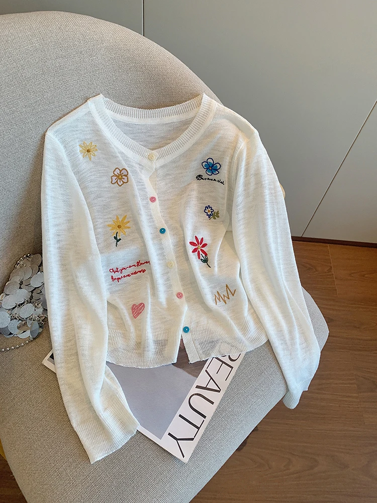 

Корейский круглый трикотажный открытый кардиган Ne Long Sve, тонкий повседневный принт, осенний модный универсальный топ, женский вязаный...