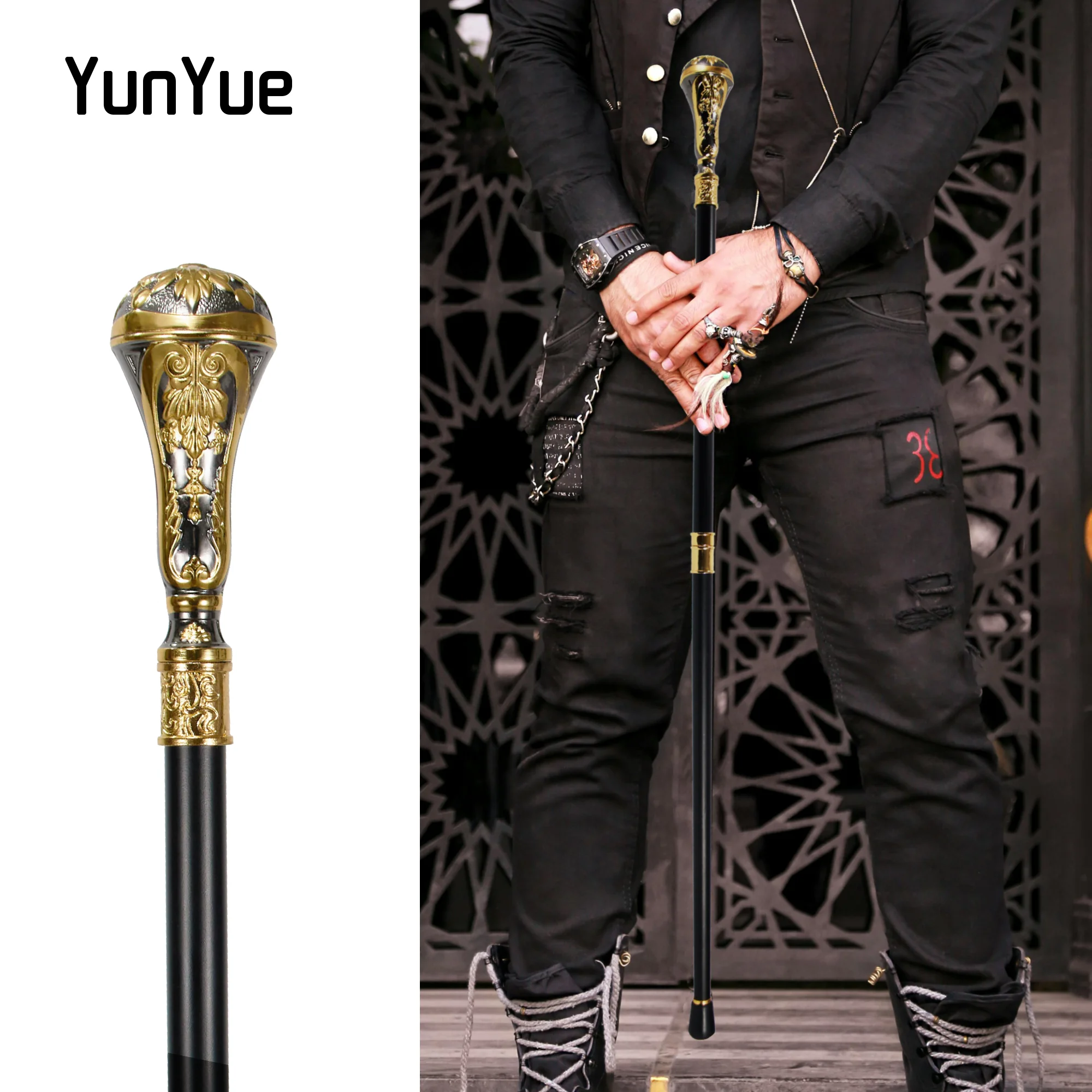 Golden and Black Luxury Round Petals Handle Fashion Walking Stick for Cosplay Decorative Walking Cane Lady Party Walking Canes