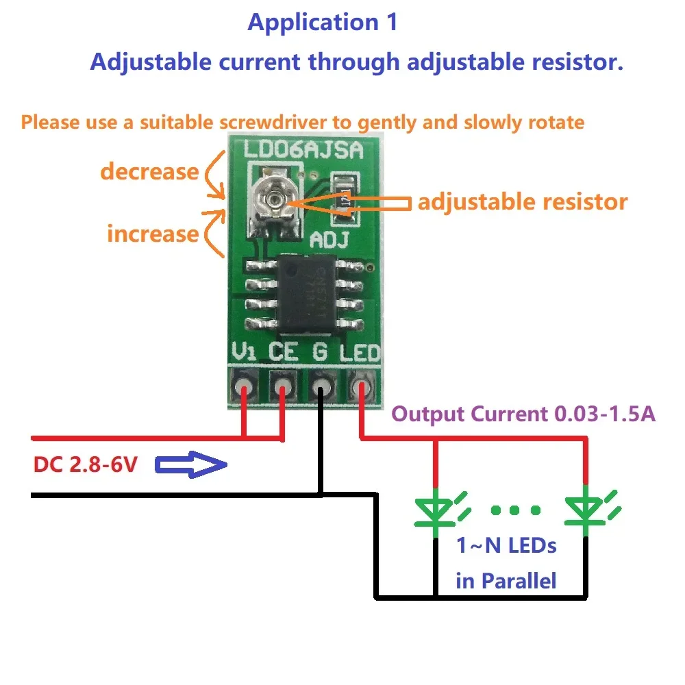 6pcs LD06AJSA/B Adjustable Constant Current LED Driver Module DC2.8-6V 30-1500mA PWM Control 9W for 1-16 LEDs