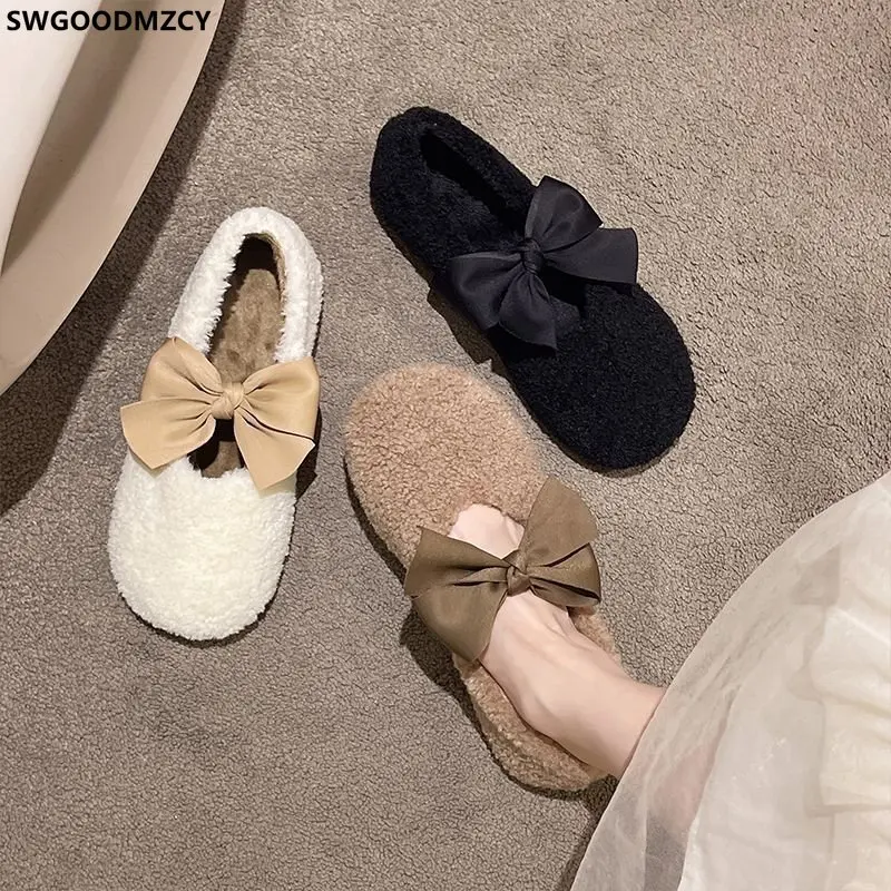 Loafers Women Butterfly Knot Fur Flat Shoes for Women 2024 Ladies Casual Shoes Slip on Shoes for Women Round Toe кроовки женские