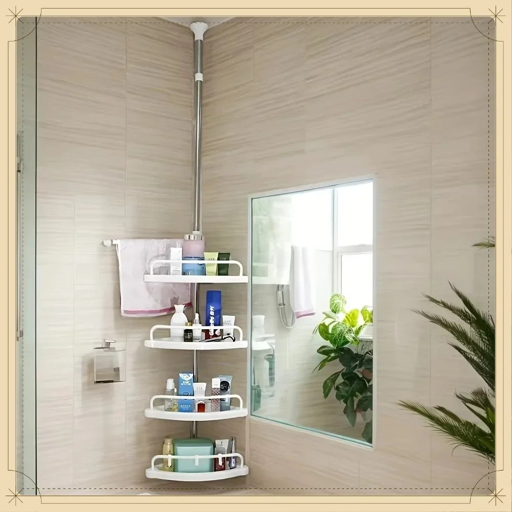 Expandable 4-Tier Corner Bathroom Shelf Modern White No-Drill Storage Rack with Adjustable Trays & Swivel Towel Bar