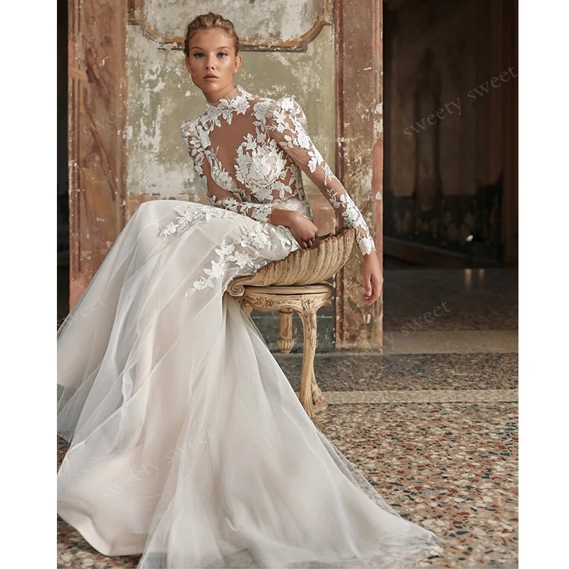 Vintage Mermaid Wedding Dress High-Neck Organza With Embroidery Ball Gown Full Sleeve Customized Bride Dress Vestido De Novia