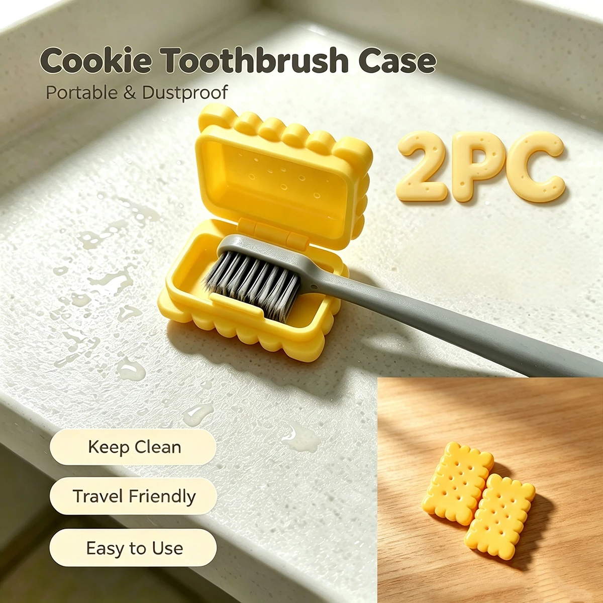 Yellow 2-Pack Cookie-Shaped Toothbrush Head Storage Box, Breathable Dust-Proof Portable Travel Toothbrush Protective Cover, Home and Travel Toothbrush Head Storage Case