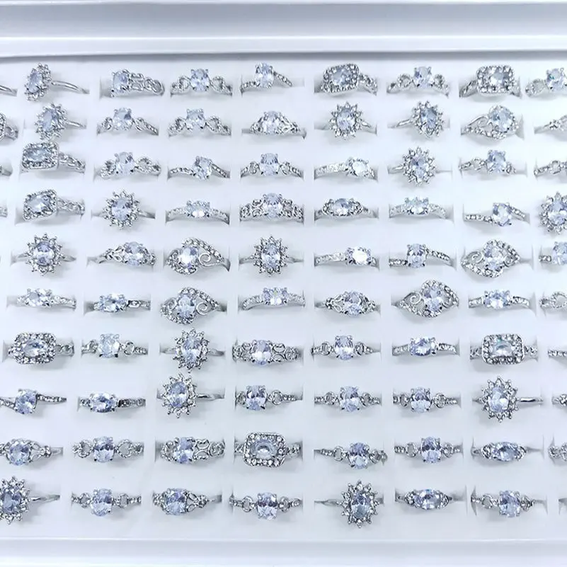 10Pcs/Lot Luxury Silver Color Crystal Zircon Rings for Women Elegant Wedding Engagement Ring Wholesale Lots Bulk Jewelry