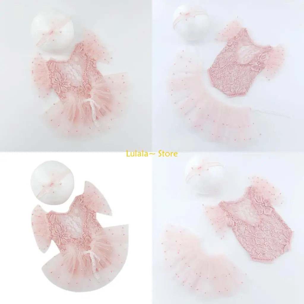 Y4QA Baby Princess Dress Hairband & Jumpsuit Set 0-6M Infant Girls Photography Outfit