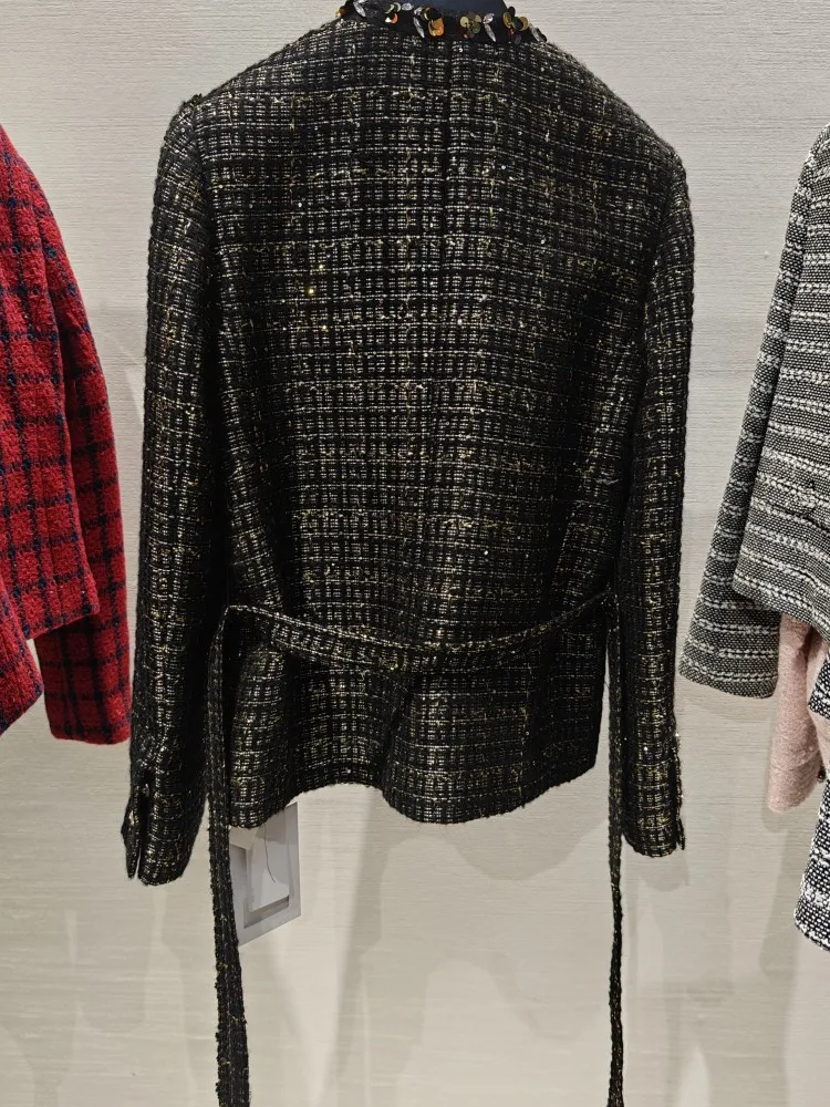 Elegant Office Ladies O-Neck Black Gold Sequins Tweed Jacket Straight Single Breasted Coat Women Fashion Long Sleeve Outerwear
