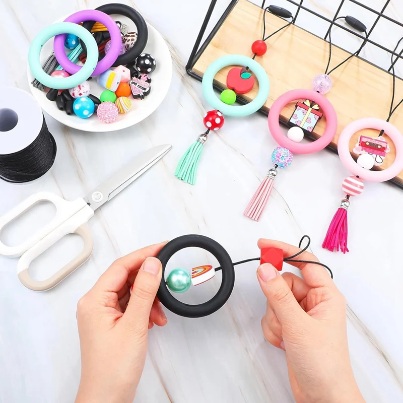 Silicone Beaded Ring Making Set Kit 65Mm Round Silicone Bead Ring And Keychain Tasselfor DIY Keychain Bracelet Jewelry, Durable