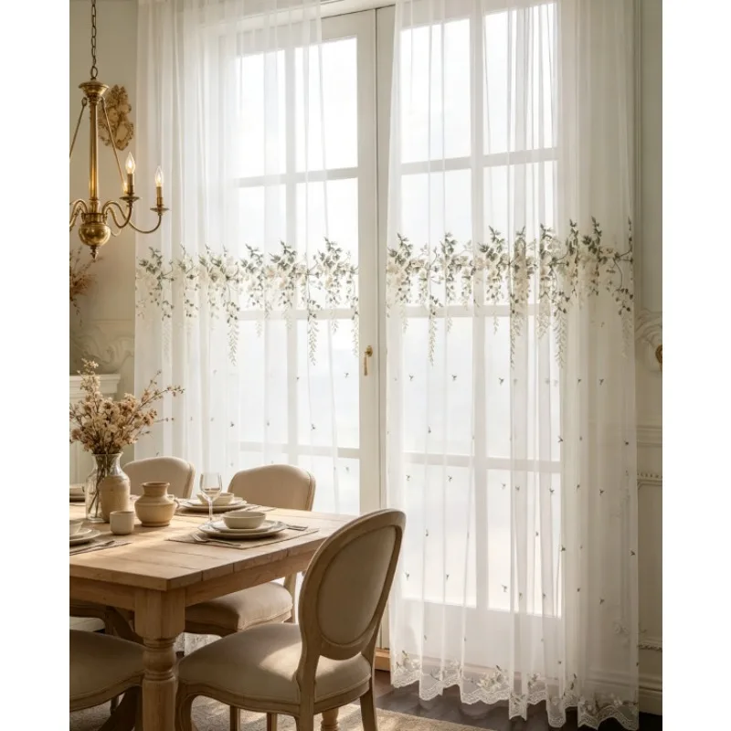 American Countryside Floral Embroidery Rattan White Gauze Curtains, Living Room Bedroom Balcony Curtains