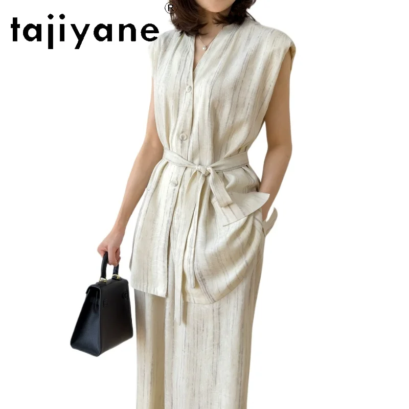 

Костюм TAJIYANE из 100% шелка тутового шелкопряда: топ и брюки в стиле Old Money, бежевый жилет с V-образным вырезом, широкие брюки, женская одежда 2026