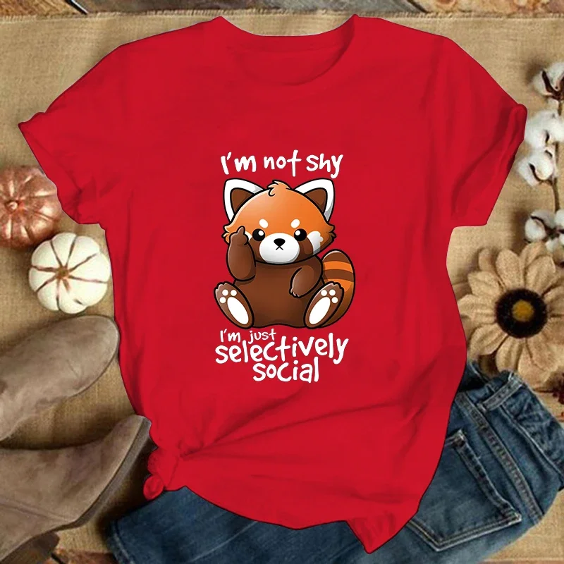 T-Shirts Women Short Sleeve Funny Round Neck Tee Shirt (Premium T-shirt)Panda I'M Not Shy I'M Just Selectively Social Printed