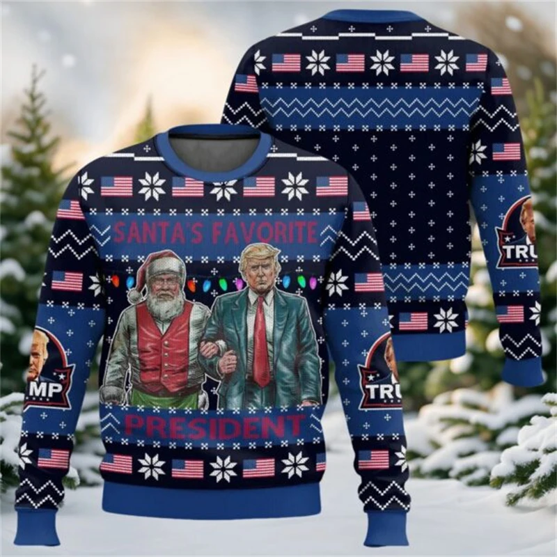 2024 Trump President Print Ugly Sweater Hot Fashion Crewneck Pullover Top Christmas Santa Pattern Personality Unisex Sweatshirt