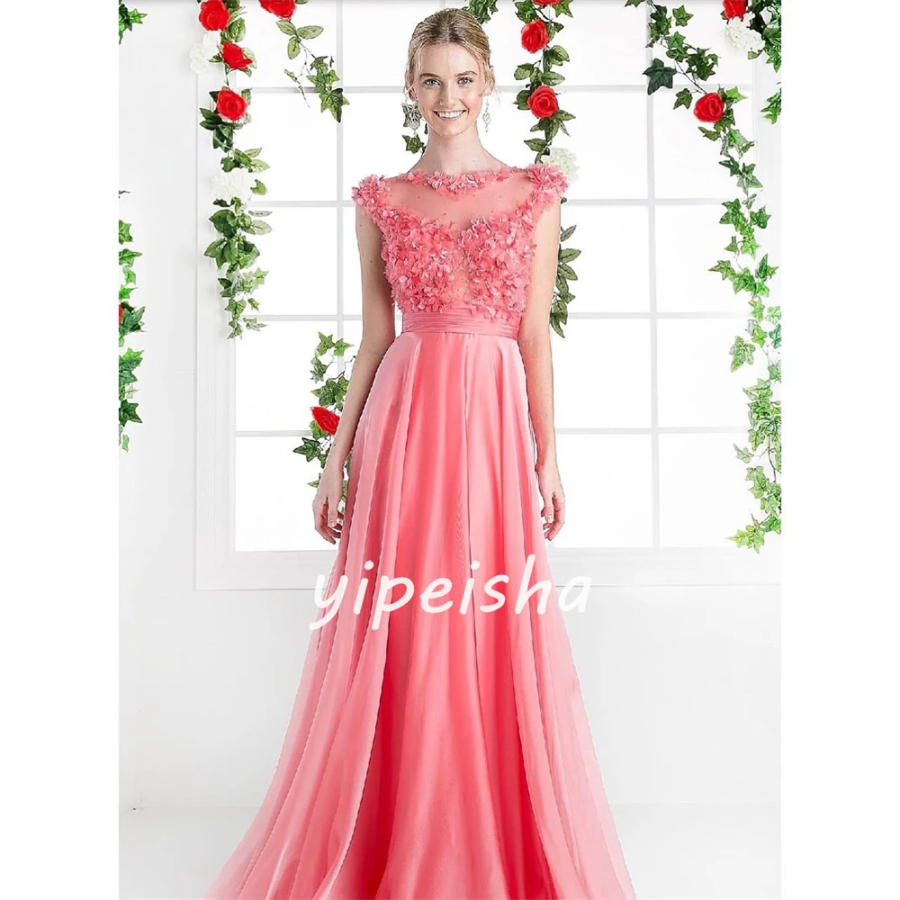 Chiffon Flower Beach A-line High Collar Bespoke Occasion Gown Long Dresses