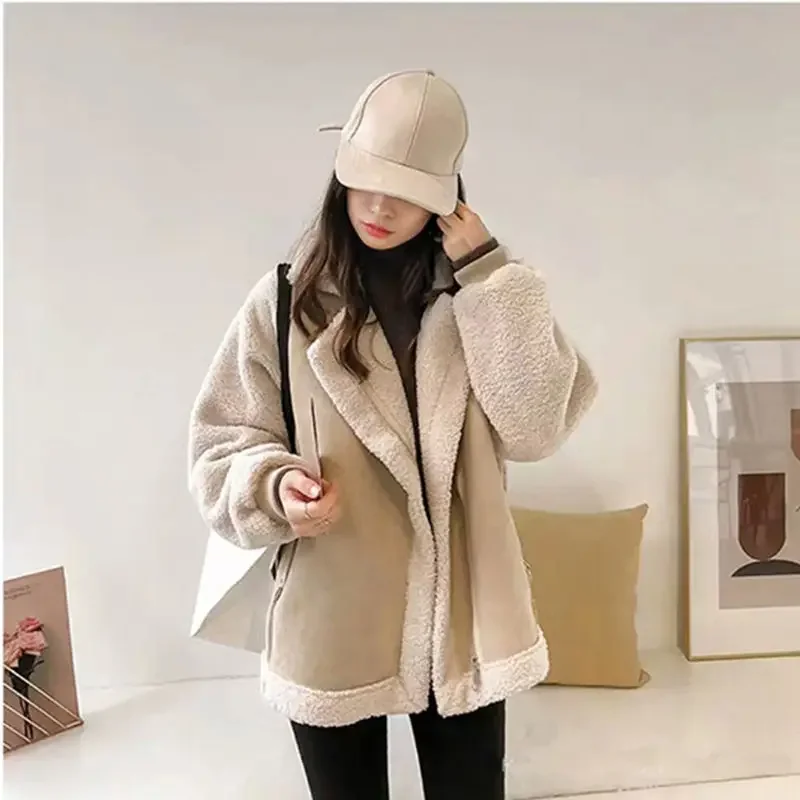 Women Thick Quilted Coats Jackets Y2k Tops Autumn Winter Lamb Wool Coat Zipper Jacket Suede Fabric Pockets Biker Streetwear