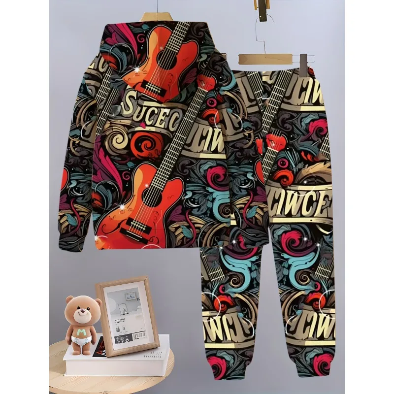 2025 Moda 3D Instrumento de guitarra digital Robot de dibujos animados Conjunto de pantalones con capucha impresos de moda