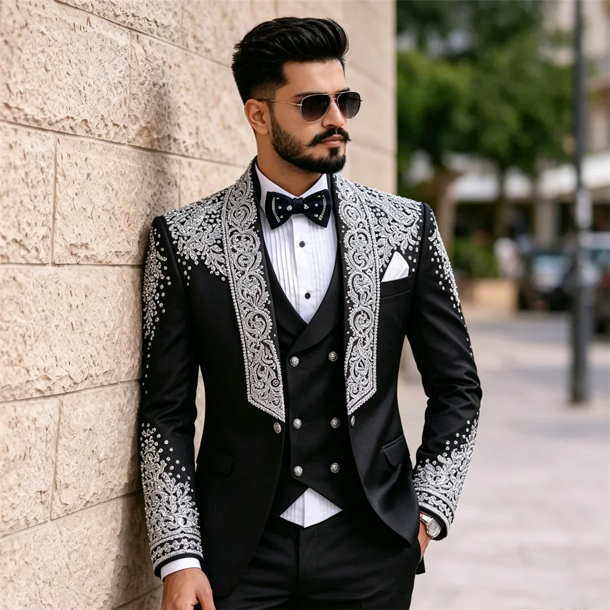 High End Jewelry Diamond Men Suits Customized Slim Fit Groom Party Male Prom Blazers 2 Pieces Sets Wedding Party ropa hombre