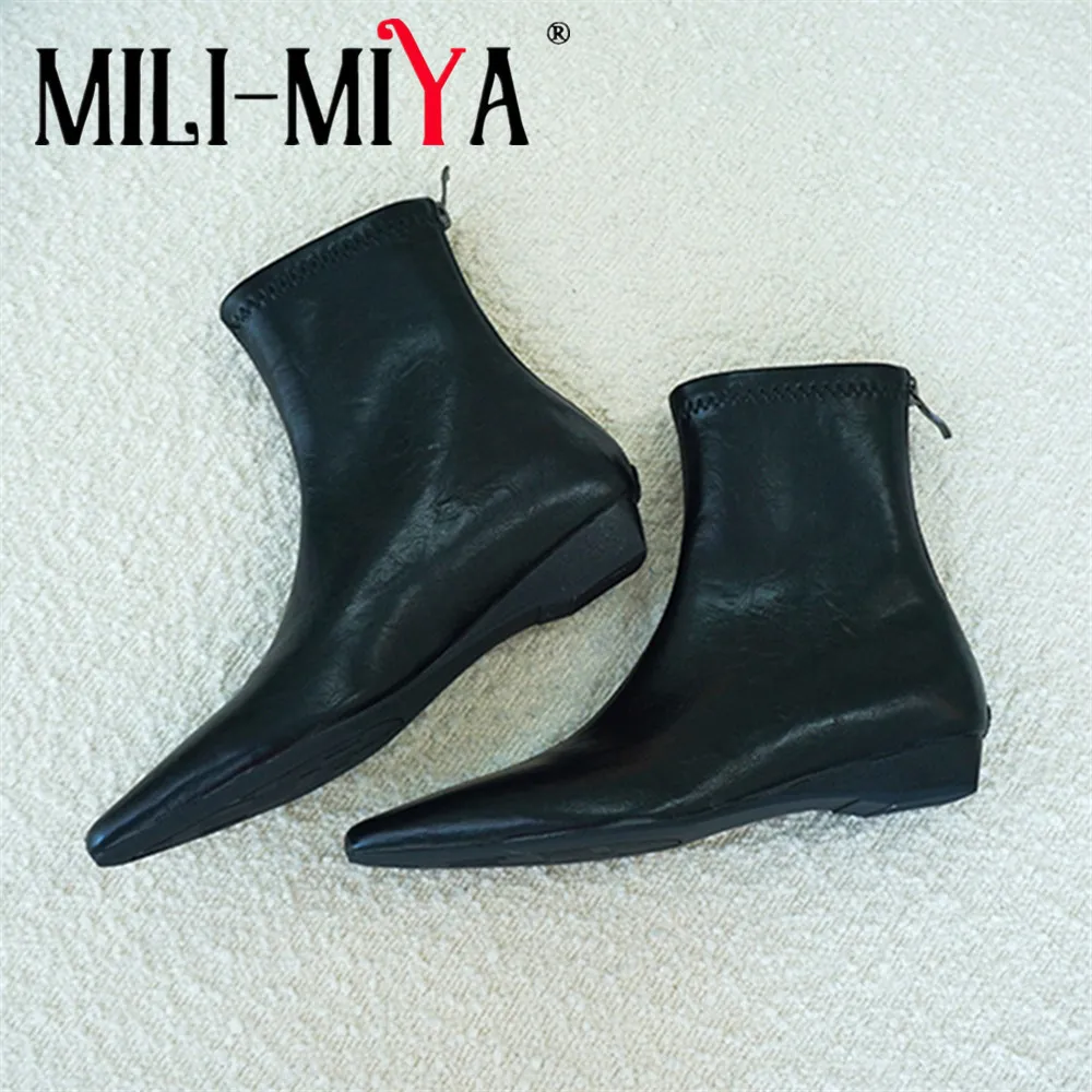 MILI-MIYA Women's Pointed-Toe Stretch Microfiber Ankle Boots Comfortable Non-Slip Low-Heel Solid-Color Casual Shoes Handmade