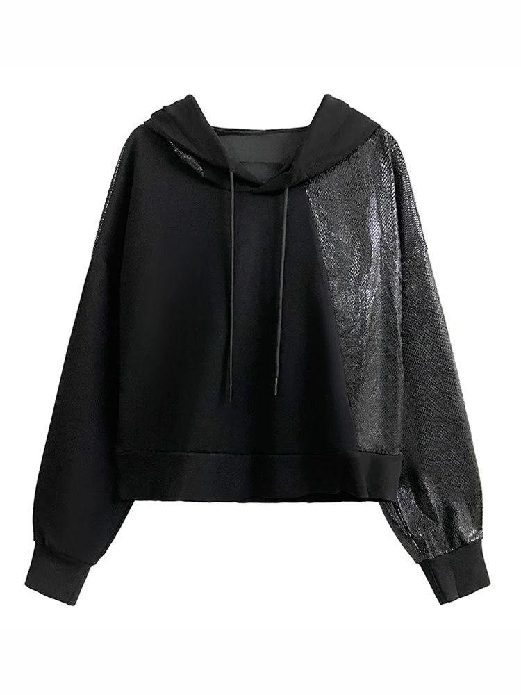 [EAM] Black Spliced Casual Cool Sweatshirt New Hooded Long Sleeve Women Big Size Fashion Tide Spring Autumn 2023 1DH3873