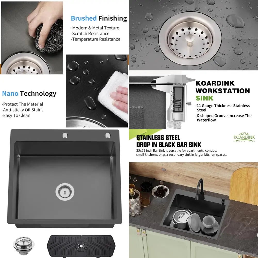 

25x22 Inch Stainless Steel Single Bowl Drop-In Kitchen Sink with Silicon Mat and Drain Strainer Set for Kitchen and Bar