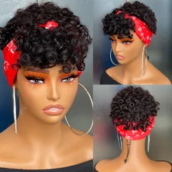 short pixie cut spiral curl with hedband for women machine mde fashione human hair wig