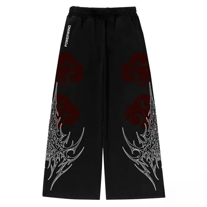 Y2K Red Line Print Wide Leg Pants Men Women Streetwear Harajuku Baggy Trousers With Wing Pattern Elastic Waist Casual Bottoms