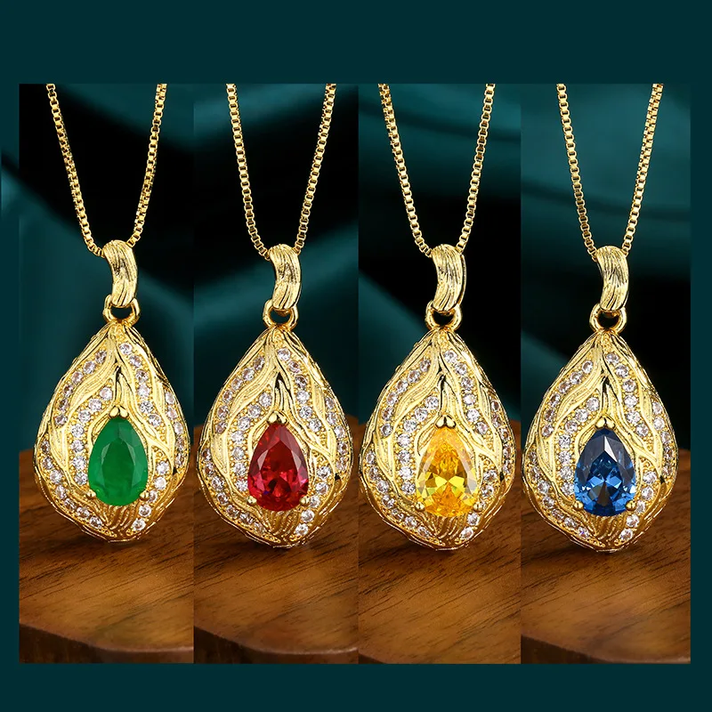 

Exquisite Teardrop Shaped Pendant Necklace with Ruby Crystal Gold Plated Sparkling Zircon Inlay Vintage Women Elegant Jewelry