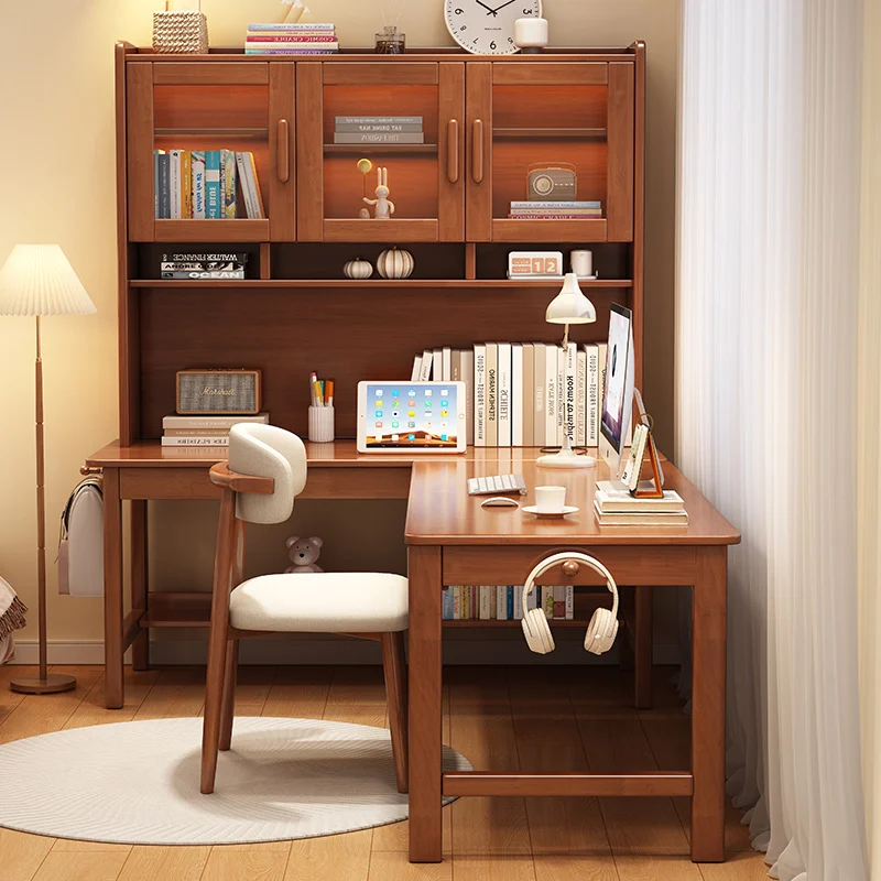 Solid wood corner desk bookshelf integrated table middle school student home L-shaped writing desk bedroom corner 7-shaped compu