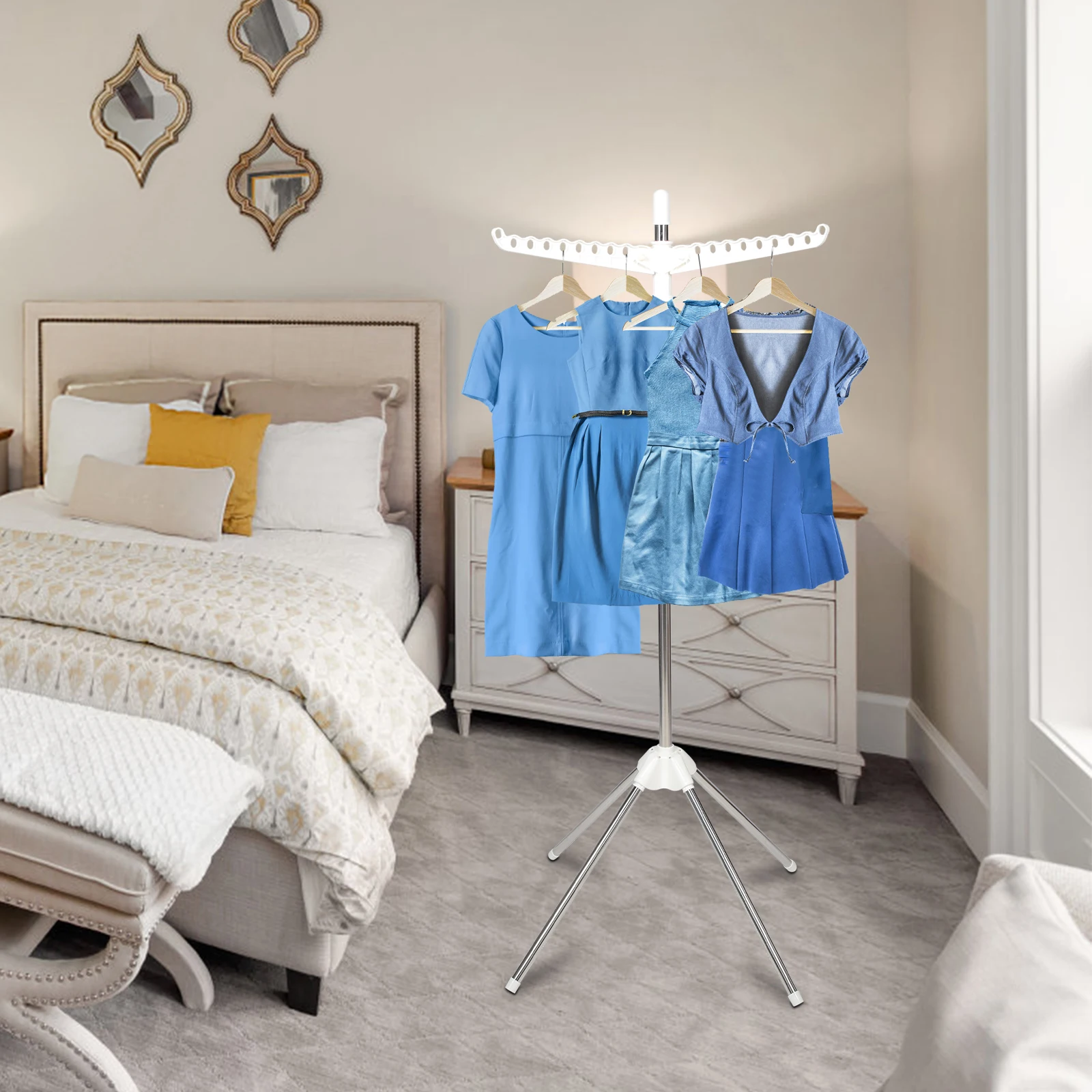 

Foldable Clothes Drying Rack Portable Laundry Tripod Clotheshorse Rotatable Garment Ironing Stand White Single Arms