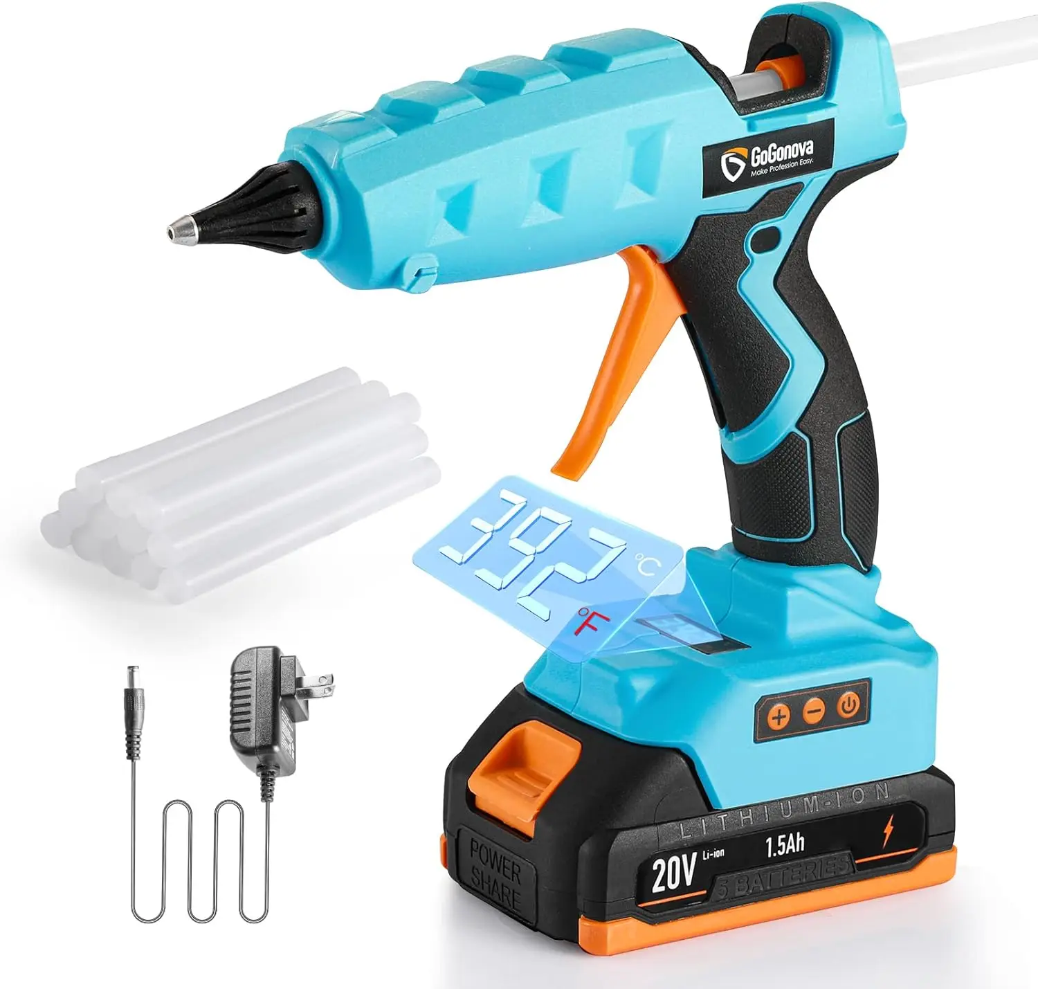 

Full Size Cordless Glue Gun with LCD Display, Fast Heating, Adjustable Temp, Dripless Nozzle, Includes Battery and 12 Sticks