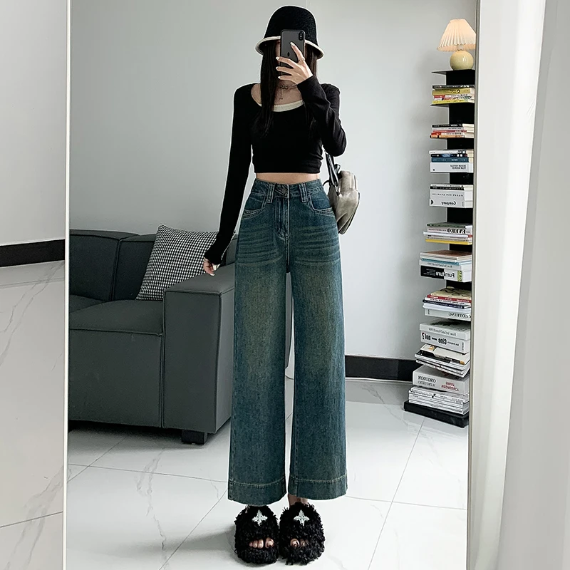 

Womens Jeans Y2k Jeans Retro Blue Wide Leg Winter Loose Fit Versatile Drape Casual Straight Long Trousers