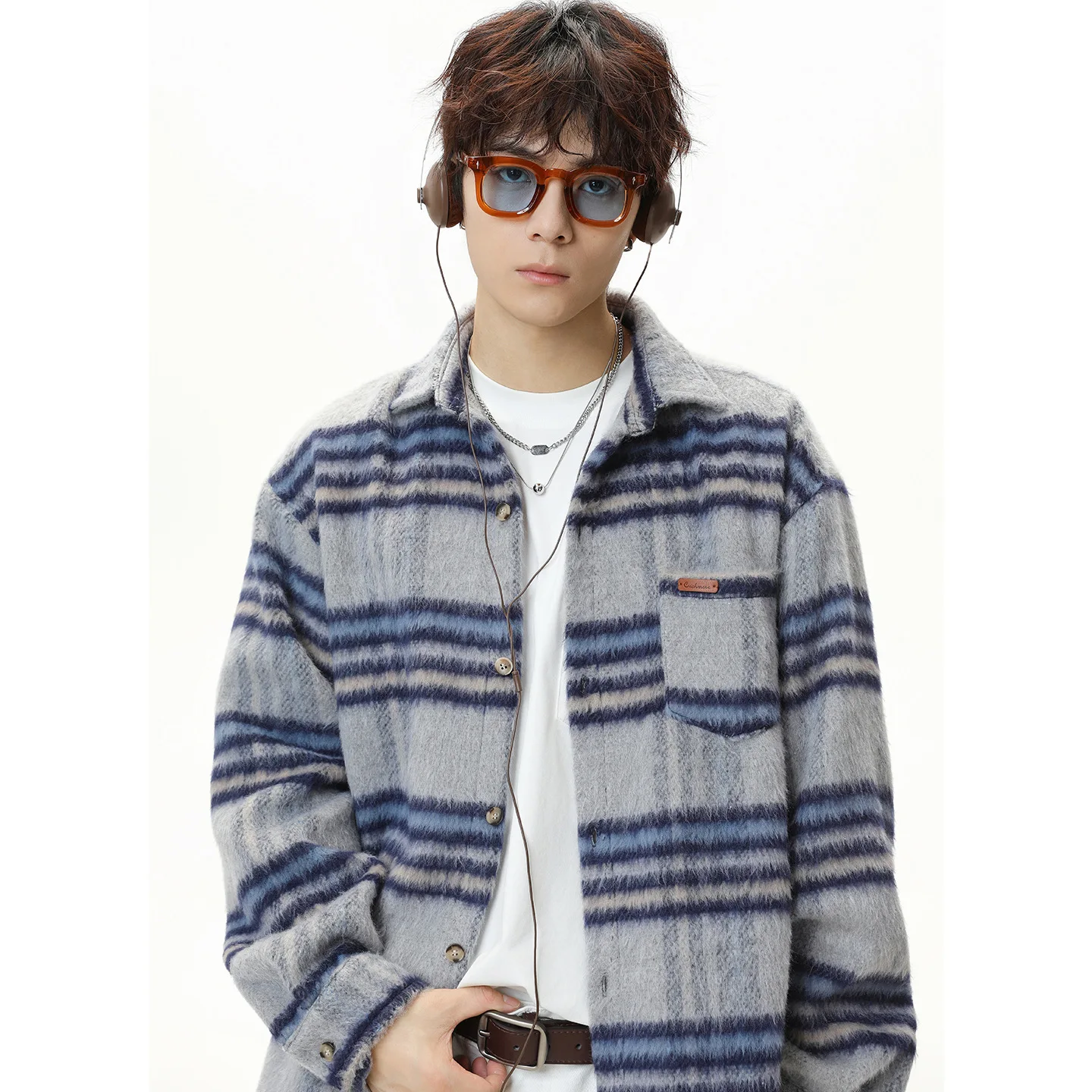Color-Block Plaid Textured Woolen Long-Sleeve Shirt For Men Autumn free Style Oversized Thickened Trendy Brand Shirt Jacket 7FIL