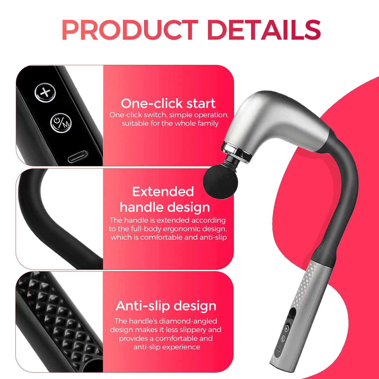 Deep Tissue Massage Gun for Back & Full Body – Long Handle Percussion Muscle Massager with 4 Replaceable Heads, Adjustable Spee