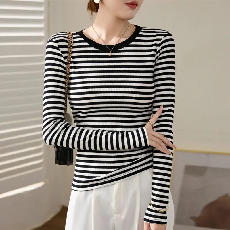 #0405 Black And White Striped T Shirt Women Round Neck Stretch Cotton Skinny Tee Shirt Femme Sexy Short T-shirt Long Sleeve