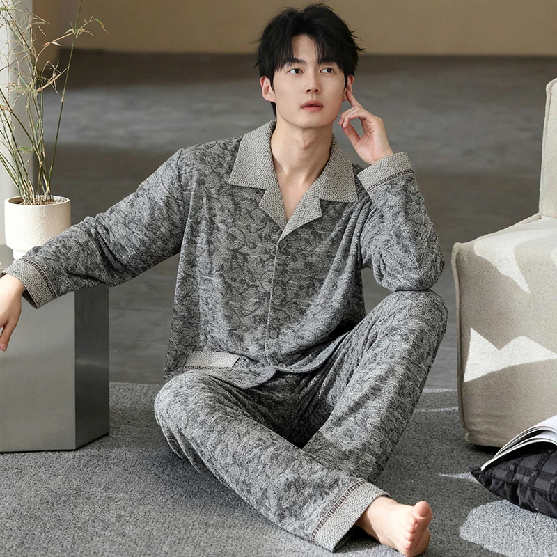 Plus Size 4XL-7XL Men Knited Cotton Pajamas Set Spring and Autumn Male Long-sleeve Turn-down Collar Home Wear