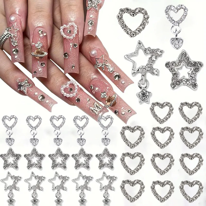 10/20PCs Silver Star Nail Charms With Rhinestones Shiny 3D Alloy Heart Nail Jewelry Y2K Charms For Acrylic Nails Decoration