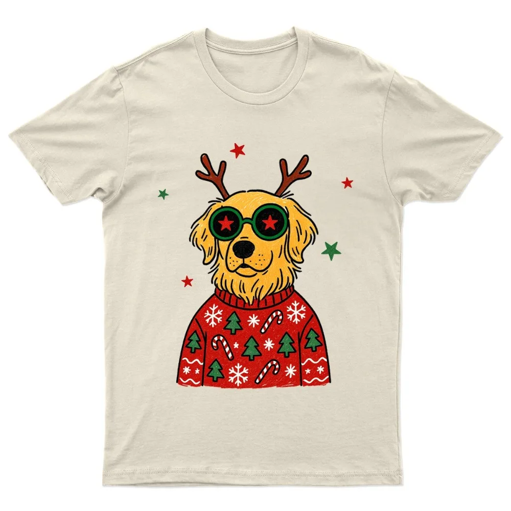 Christmas Holiday Mens T-Shirt Funny Golden Retriever Antlers Sunglasses Xmas Graphic Shirt Retro Festive Party Casual Xmas Gift