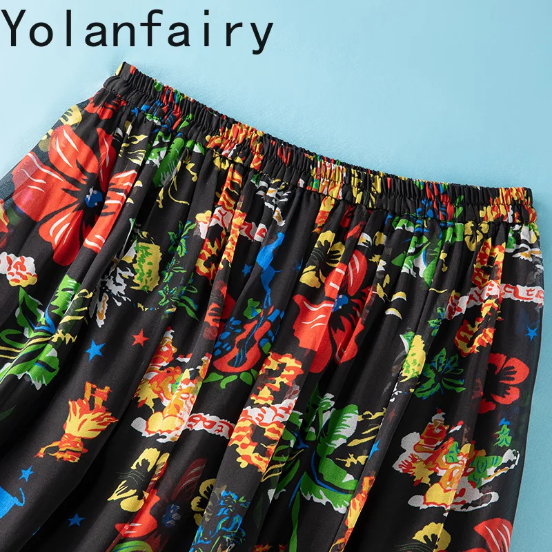 YOLANFAIRY 100% Real Mulberry Silk Skirts for Women 2026 Fashion Printed Skirt Summer Clothing Elastic Waist Elegant Skirt Woman