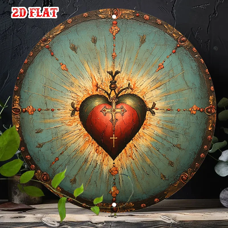 2D Flat - Vintage Metal Wall Art - Radiant Heart with Sword And Cross, Floral Design, Round 2D Flat Decor for Living Room, Ocean