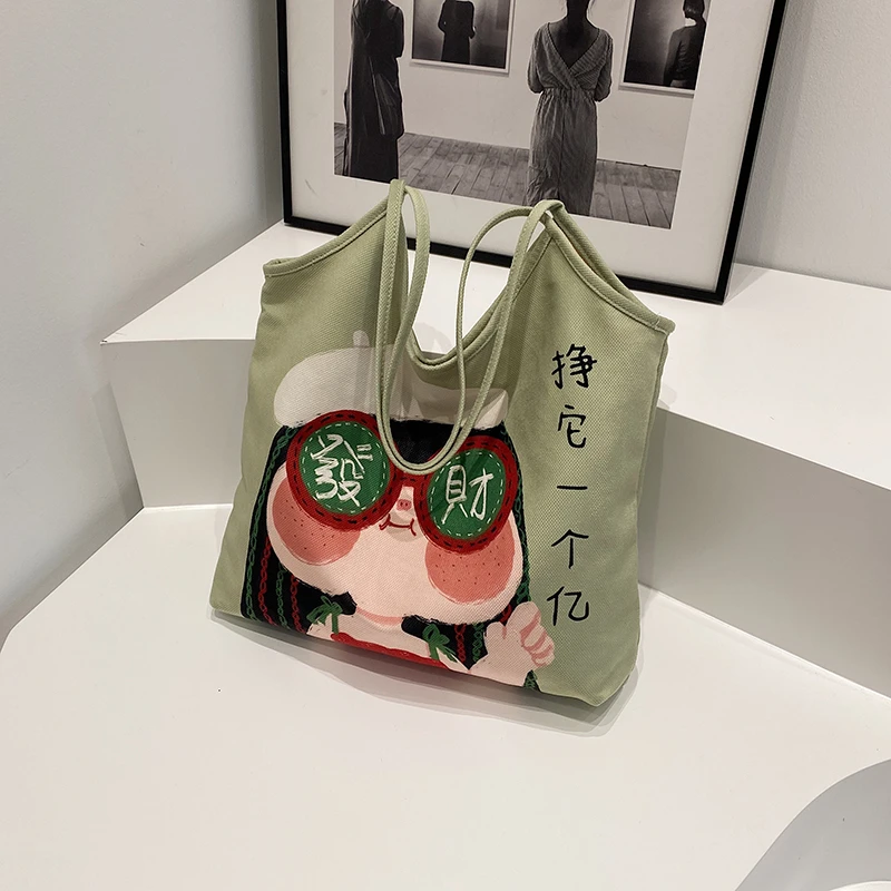 Hand Drawn Ugly and Cute Avatar Large Capacity Armpit Bag Fashionable Slim Shoulder Strap Cartoon Girl Canvas Tote Bag