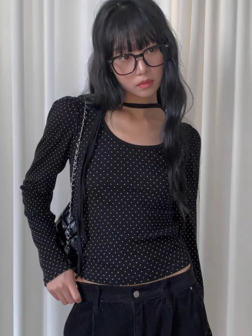 

Длинная све в горошек в стиле ретро, круглая футболка Ne Slim Fit, женский базовый слой, корейский топ, осеннее новое поступление