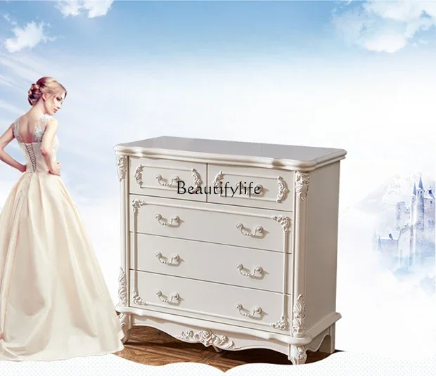 European-style chest of drawers, solid wood luxury six-bucket storage cabinet by the bedroom, white.