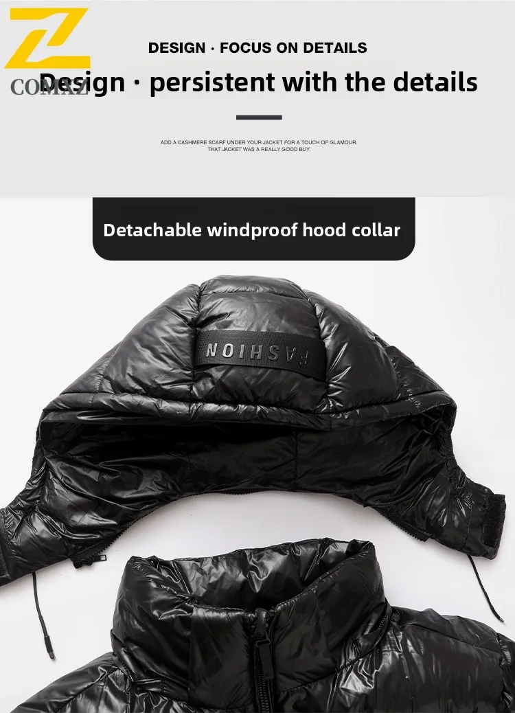 جديد 2025 معطف شتوي صغير من القطن للرجال باللون الأسود والذهبي قصير مقاوم للرياح ومقاوم للماء سترة بقلنسوة دافئة للخروج معطف سترة بسحاب غير رسمي