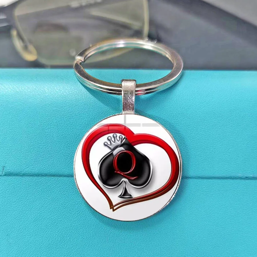 Latest Secret Tag Poker Keychain Spades Q Queen Heart Printed Glass Convex 3D Effect Pendant Keychain